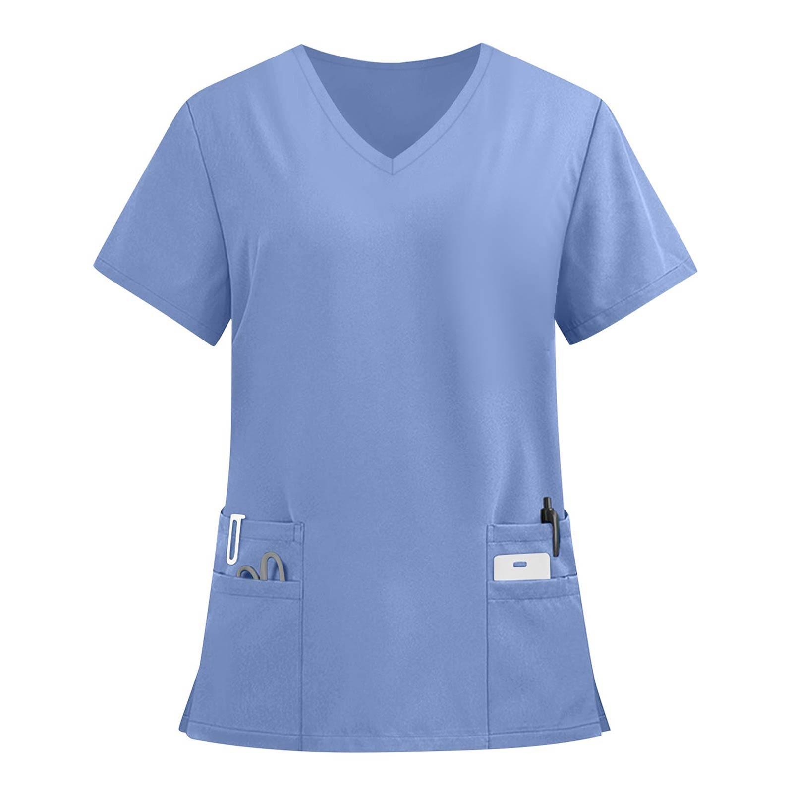 

Женские модные однотонные футболки с коротким рукавом и V-образным вырезом, с карманами и рабочими футболками XL синий