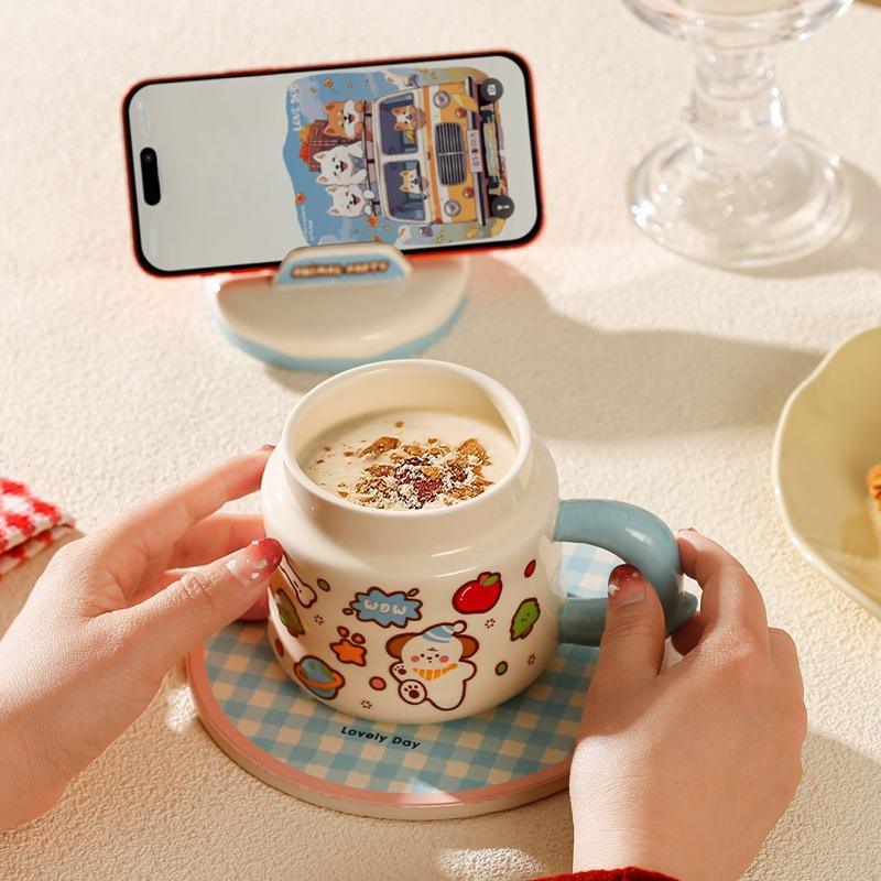 Mobile Phone Stand Mug with Lid Cartoon Animal Water Cup Gift Box Cute High Value Household Drinking Ceramic Cup