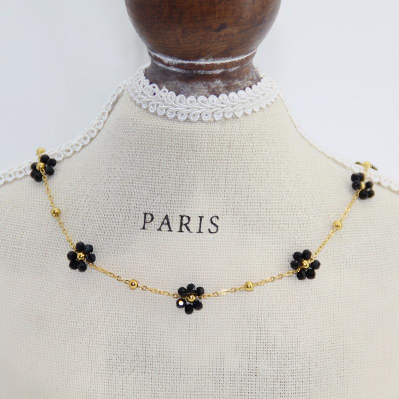 Elegant 18K Gold Beaded Necklace & Flower Bracelet in Titanium Steel