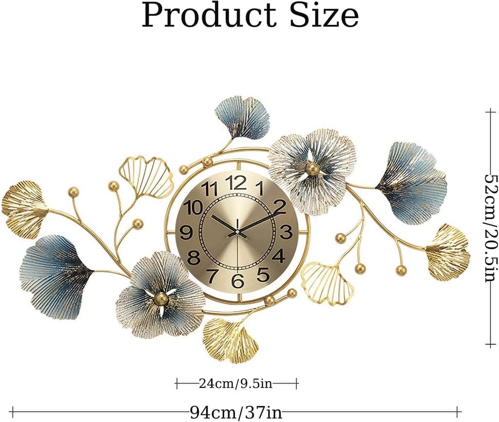 37 Inch Metal Ginkgo Leaf Wall Clock   Silent Quartz Movement No Ticking   Decorative Oversized Clock for Living Room Bedroom Home Decor