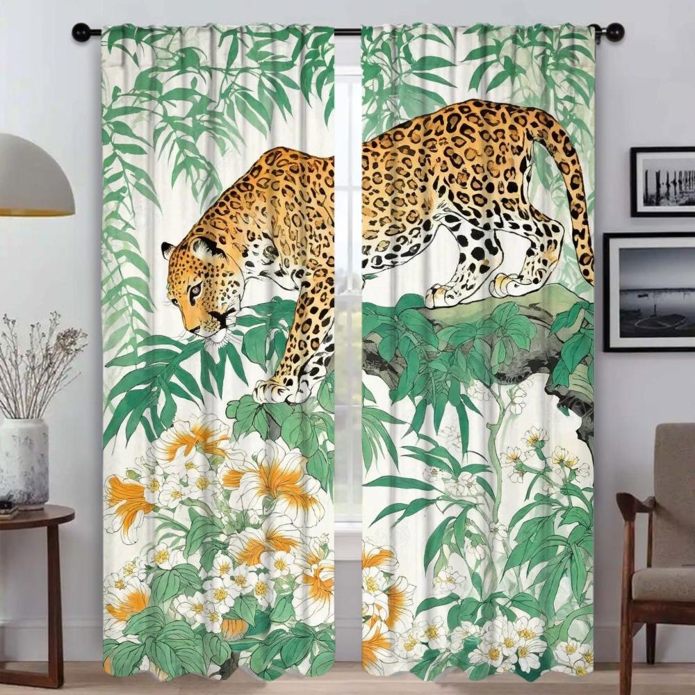 Tiger und Blume Küchenvorhänge für Wohnzimmer Vorhang Raumteiler Tüll für Schlafzimmer Halloween Dekoration Jalousien Verdunkelung Kind