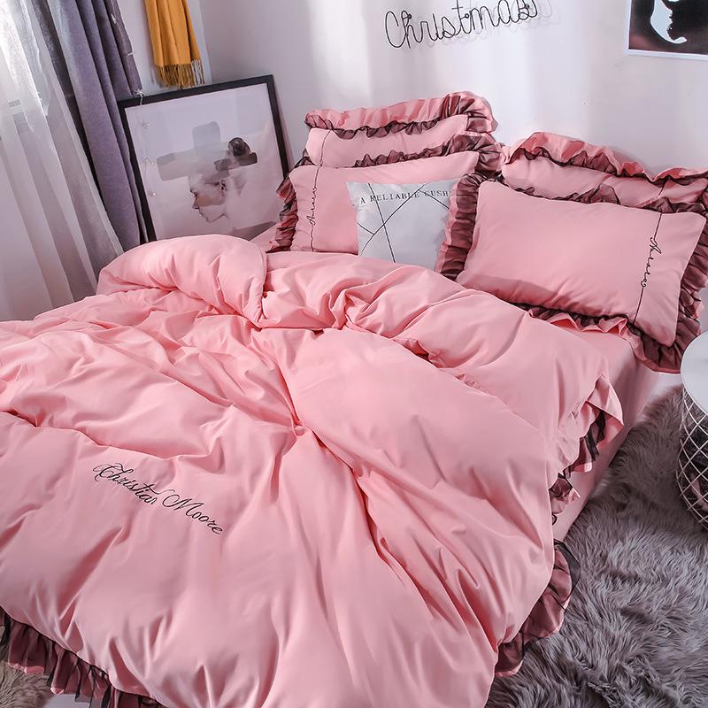 4 PCS Elegant Lace Cotton Bedding Set Bed Sheet Bed Cover Queen/king Size Solid Color Quilt Cover
