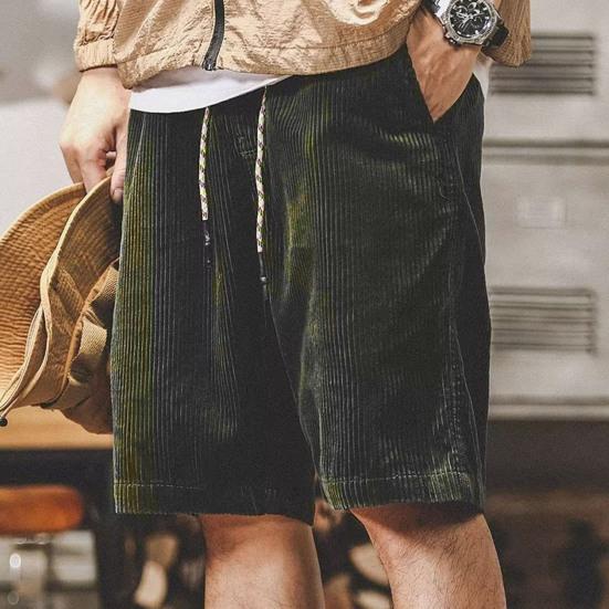 Men Shorts Elastic Waist Adjustable Casual Shorts Solid with Pockets Drawstring Color Wide Leg Corduroy Beach Shorts