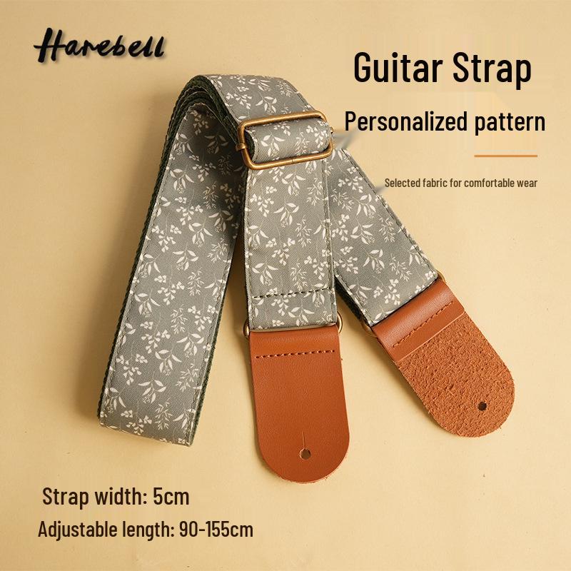 Forest-Style Floral Plant Pattern Cotton Guitar Strap, Eastern Aesthetic, PU Leather, White Leaf Print, Model PO-005. 90-155cm