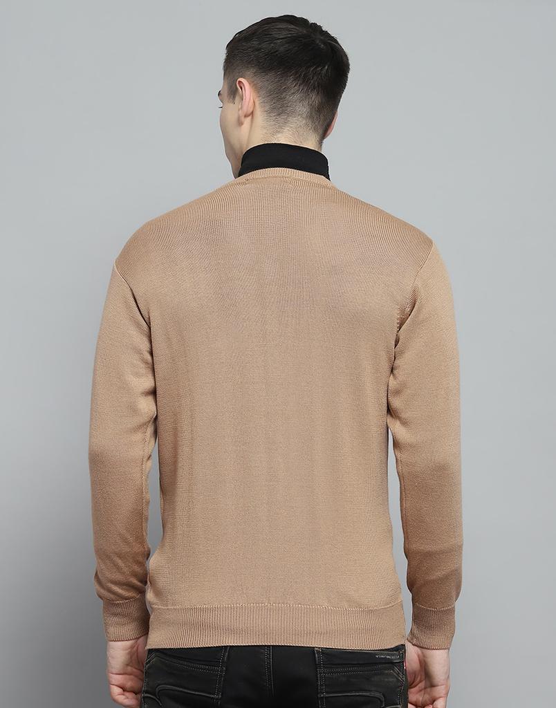 MONTE CARLO Mens Solid Khakhi V Neck Full Sleeve Pullover
