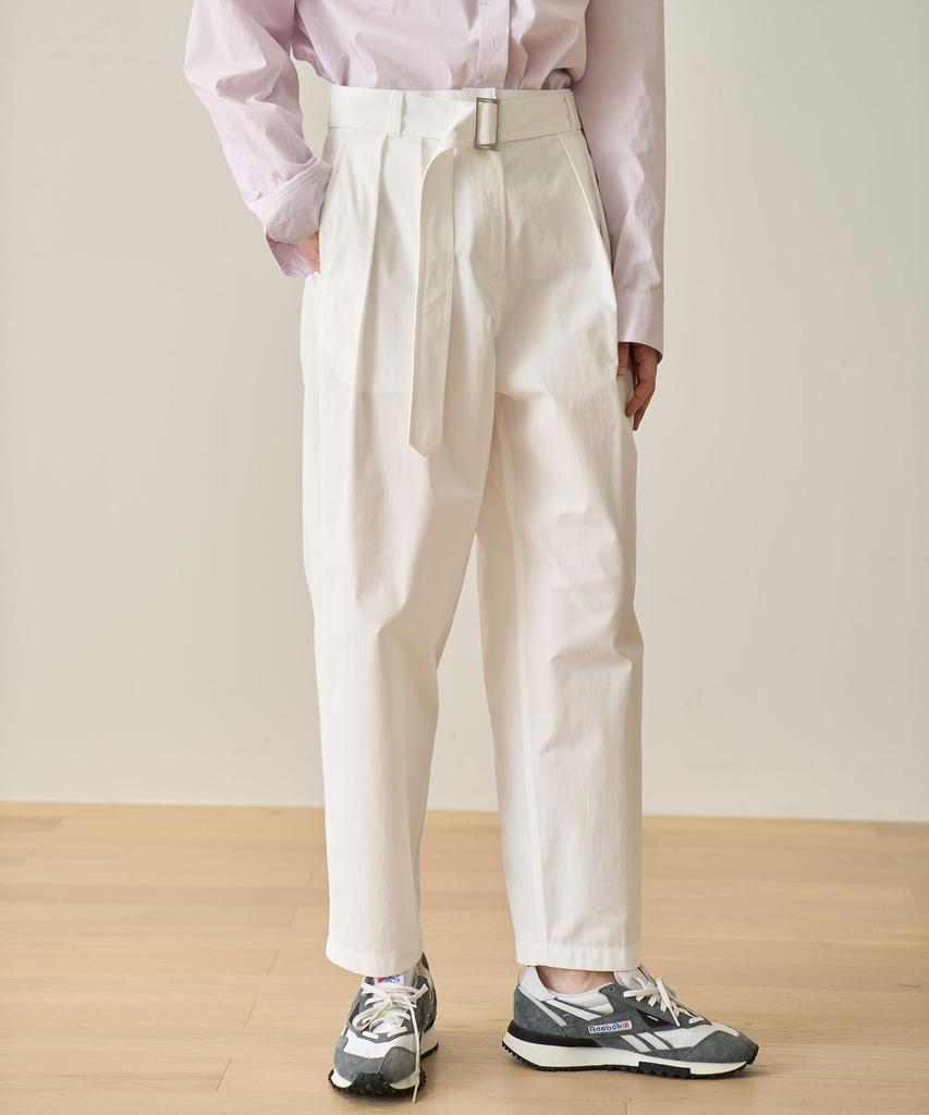 GRIDAJ Cotton Bio-Washed Belted Double-Pleated Pants _ White