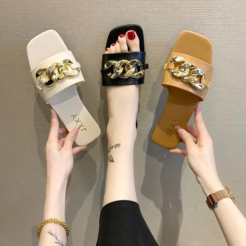 Fashion Wide Fit Slip-On Metal Chain Decor Slides For Women, Breathable Open-Toe Summer Casual Sandals With Adjustable Strap