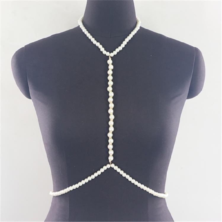 Female Body Chain Choker Jewelry Artificial Pearls Chain Formal Event Chest Chain