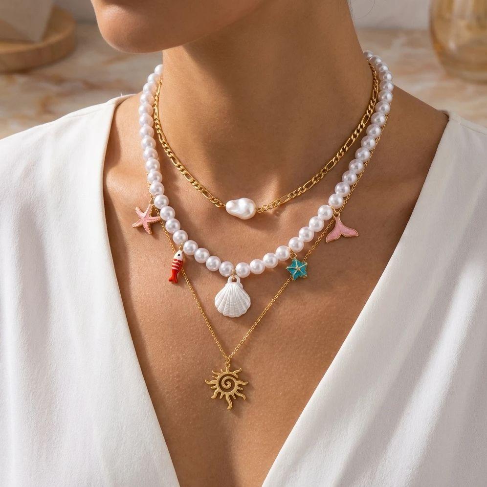 Bohemian Beach Shell Conch Beaded Necklace for Women Ocean Style Seashell Starfish Sun Pendant Choker Vacation Party Jewelry