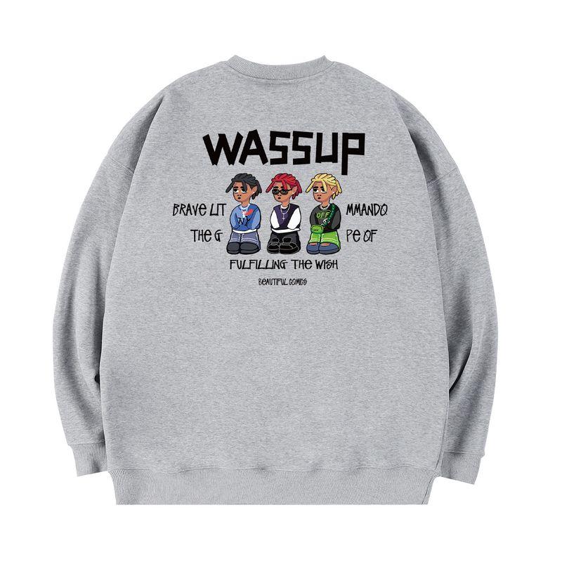 

Wassup Crew Neck Sweatshirt for Men, Autumn and Winter Fleece-Lined Couple Pullover Top Without Hood, Heavyweight American Style National Trend Brand Gray (Heavyweight Basic) S
