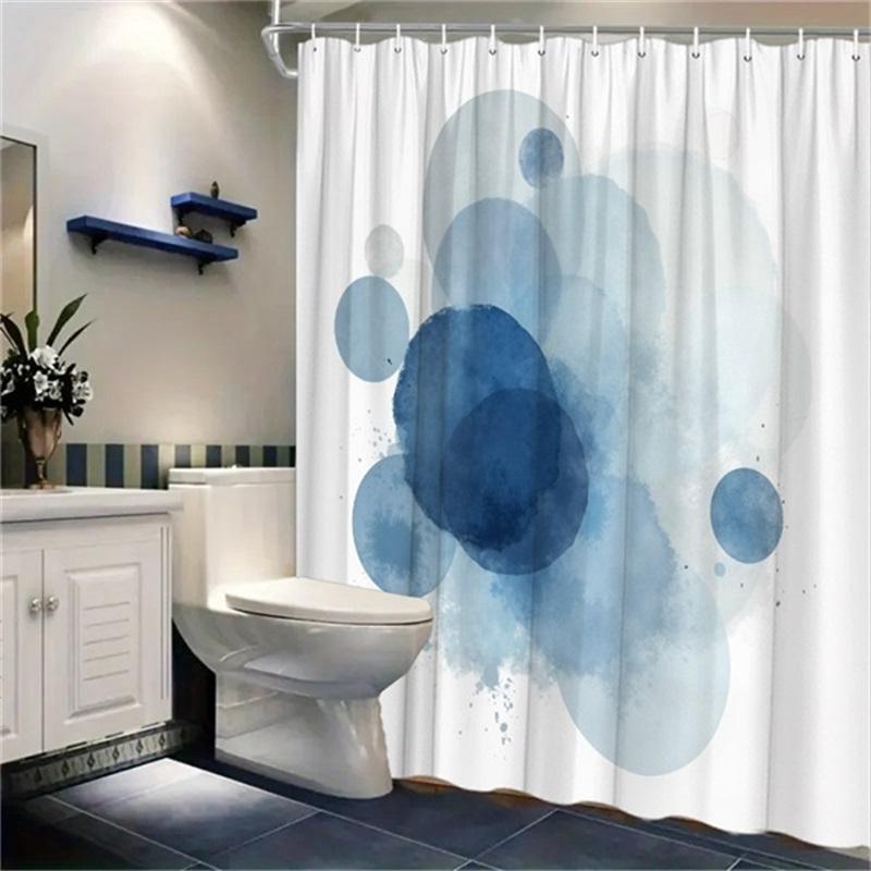 Blue Watercolor Circle Shower Curtain  Abstract Dots with Gradient Shades, Contemporary Art Bath Curtain for Elegant Home Decor