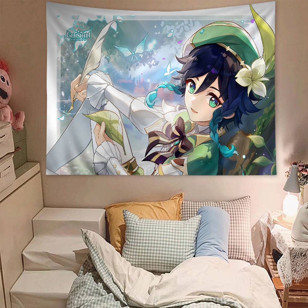 Genshin Impact Game Anime Tapestry Hippie Flower Wall Carpets Dorm Decor Wall Hanging Home Decor