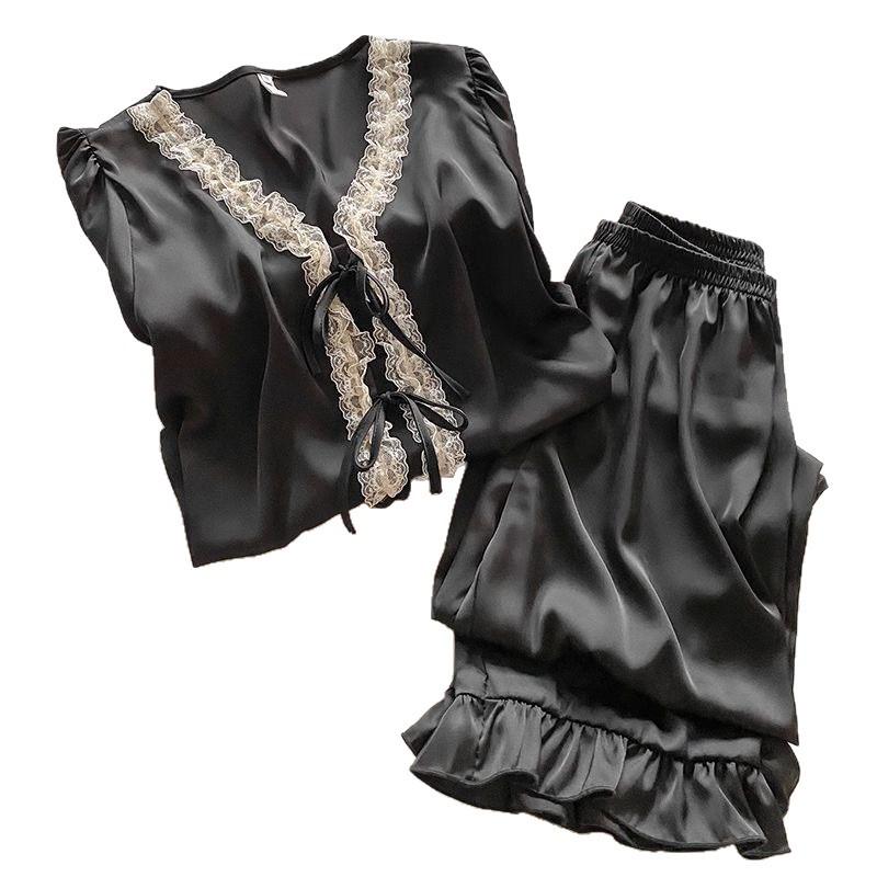 2025 Spring/Autumn Women's French Ice Silk Lace Pajama Set - Sweet Home Wear