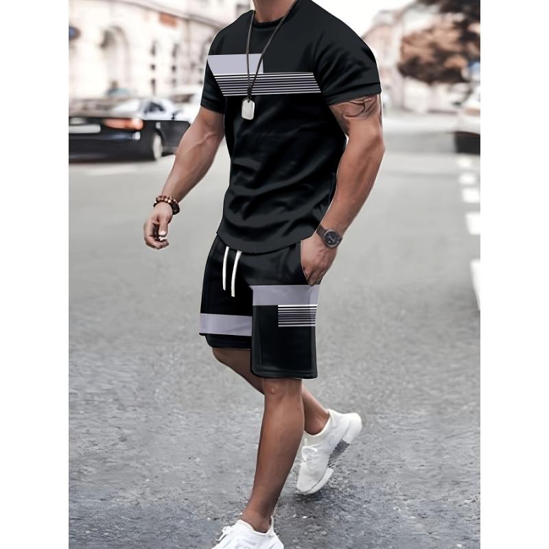 2-teiliges bedrucktes kaffeegestreiftes Herrenmode-Freizeitoutfit Kurzarm-Rundhals-T-Shirt und Taschen-Kordelzug-Shorts