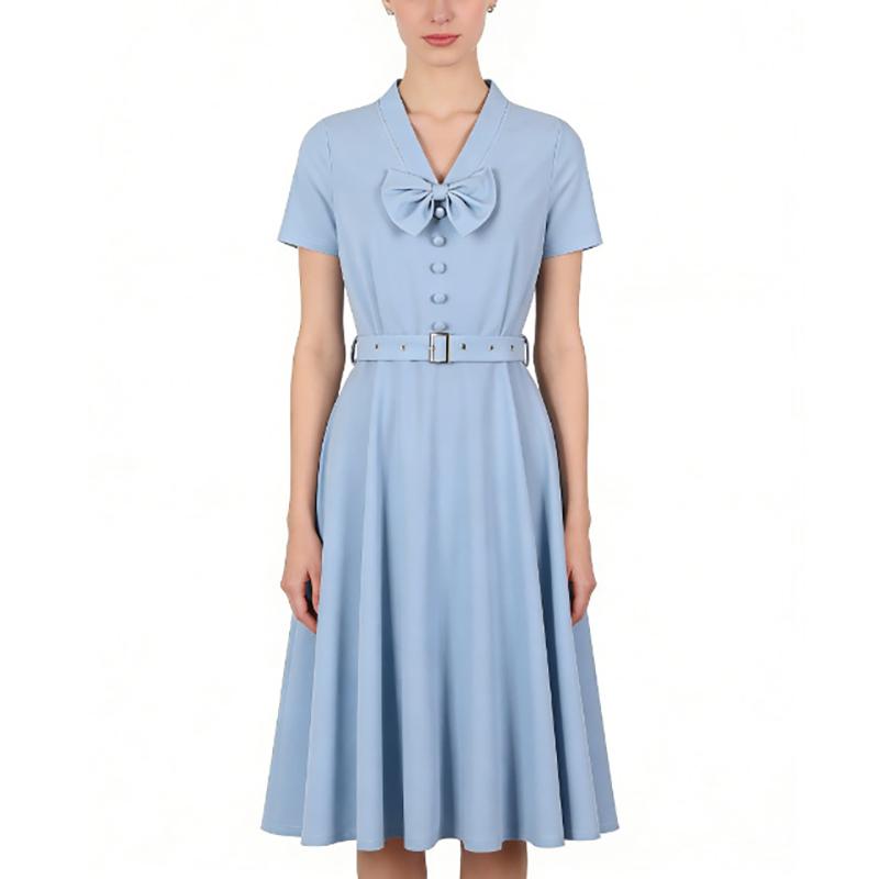 Damen Retro Swingkleider Kurzarm V-Ausschnitt Schleife Knopfleiste Gürtel Hepburn-Stil Kleid Hohe Taille Freizeitkleidung