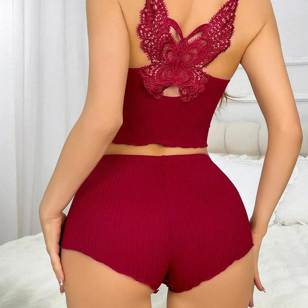 Ribbed Scalloped Edge Sleeveless Camisole and Shorts Pajama Set for Women, European & American Style Casual Homewear.