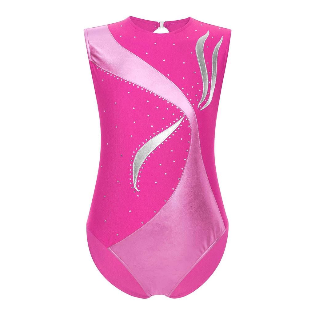 Dívčí gymnastický dres Metalický lesklý patchwork Kamínky Klíčová dírka na zádech Bez rukávů Body