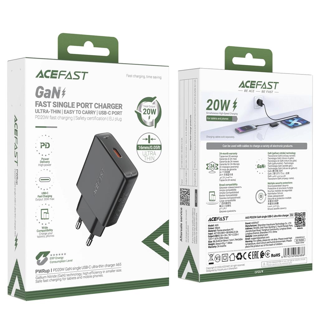 Ładowarka Sieciowa Acefast A65 Pd 20W Gan Usb-C Ultra Slim - Czarna