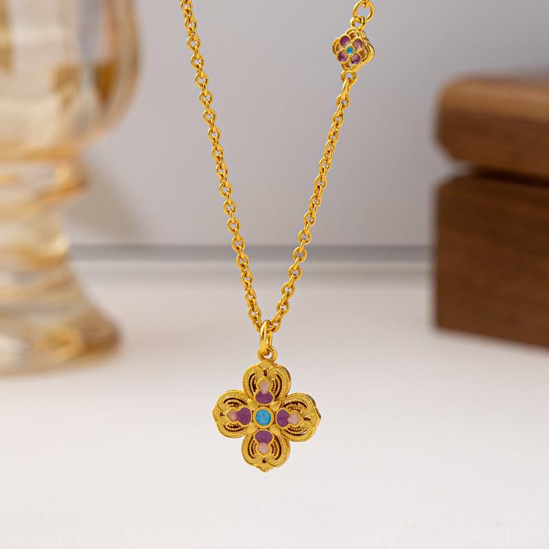 Vintage-Inspired Gold-Tone Floral Pendant Necklace Women Delicate Cloisonn-Style Drop Charm Boho Chic Chain 41-50cm Necklace