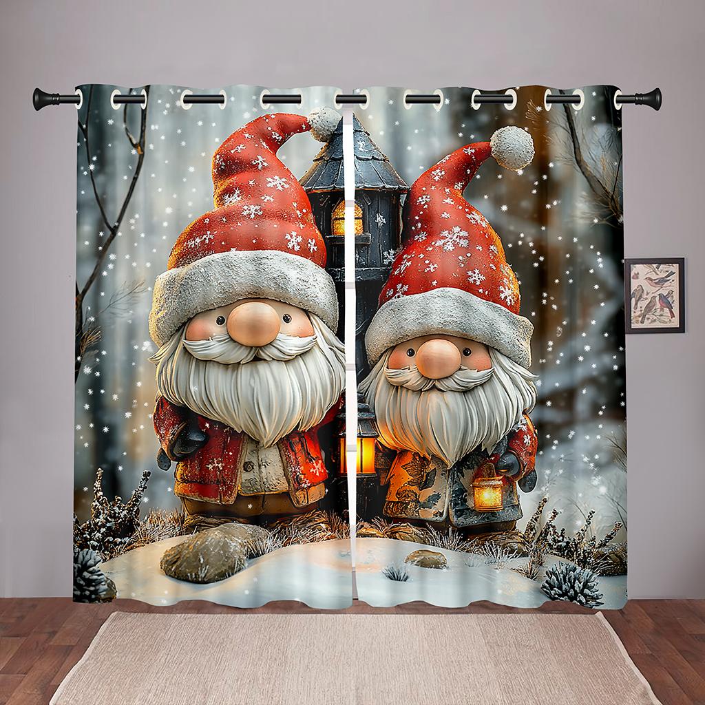 Christmas Gnome Curtains 2 Panels 3D Print Sun Block Winter Holiday Decor Bedroom Living Room Snow Lantern Pattern Cozy Festive