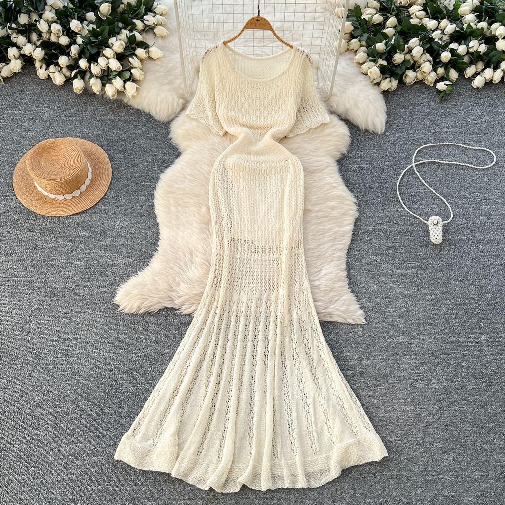 Korean women's clothing vacation wear, gentle wind hollow crochet short-sleeved knitted outer dress + suspender bottom skirt