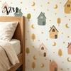 Non Damaging Wall Stickers for Renters 4Pcs Nordic Cartoon Village House Decals, Moon Star Tree Removable Stain Resistant Nursery Accents