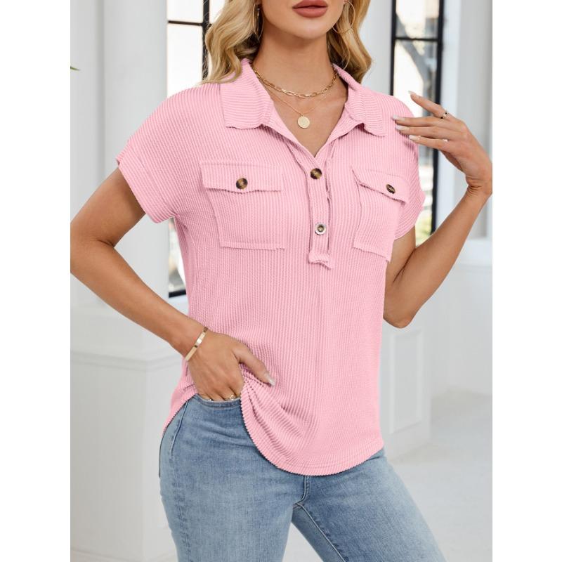 Summer New Women's Lapel Pocket Short-sleeved Solid Color T-shirt Casual Versatile Top