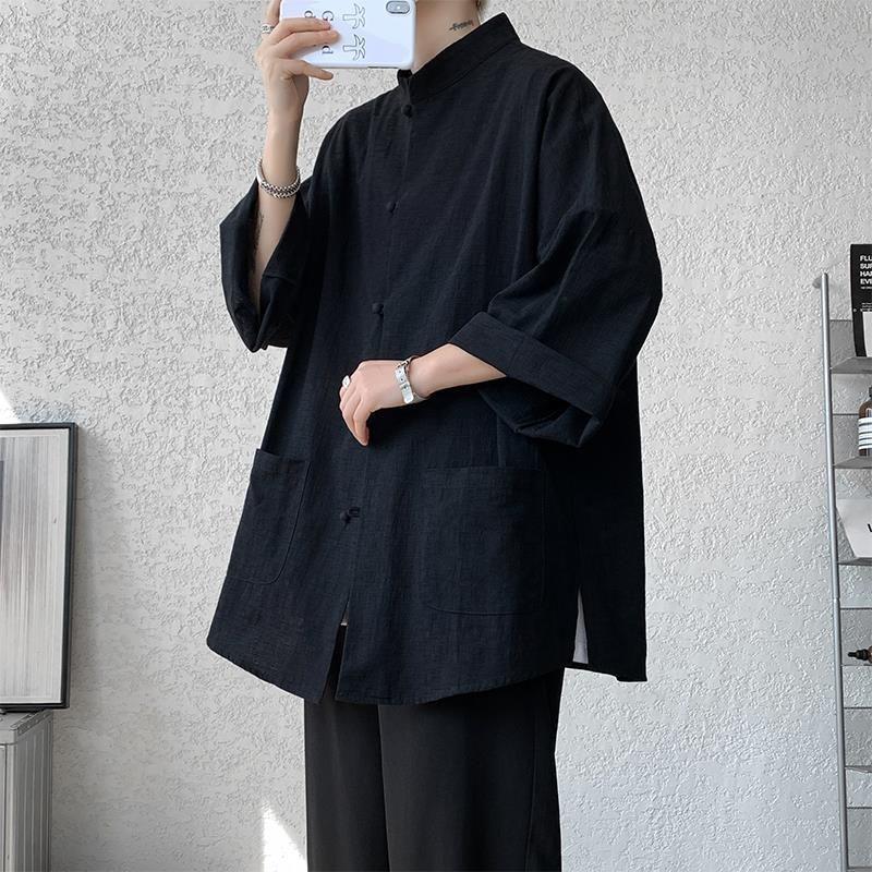 

Мужская льняная рубашка с длинным рукавом в китайском стиле с пуговицами, костюм Hanfu Tang, куртка больших размеров M (90-115 jin)