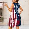 Women Plus Size Round Neck Sleeveless Red Black Printed Gathered Waist A Line Dress