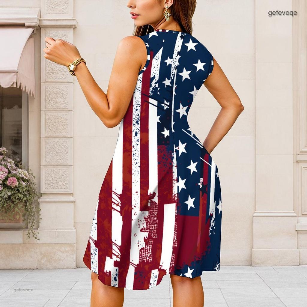 Women Plus Size Round Neck Sleeveless Red Black Printed Gathered Waist A Line Dress