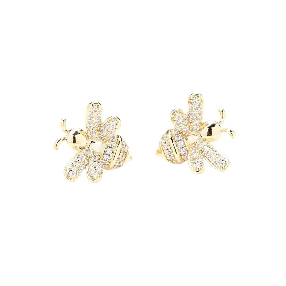 European and American Diamond-encrusted Gold and Silver Two-color Gold-plated Little Bee Shape Earrings, Simple and Versatile 925 Silver Needle Stud E