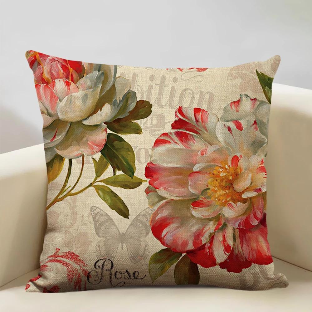 Retro Style Cushion Cover 45x45cm Linen Pillow Case Living Room Sofa Decor Pillowcase Colorful Exquisite Flower Pattern Car Seat