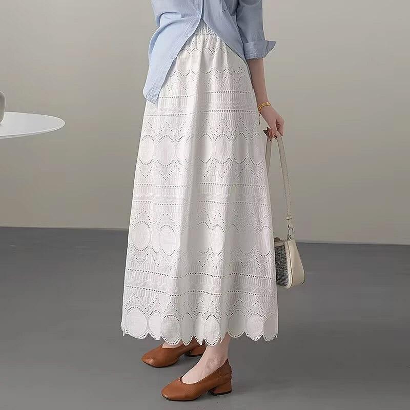 Half-body Skirt Women Lace Hollowed Out Casual High Waist Lace Comfortable Cotton Half Skirt