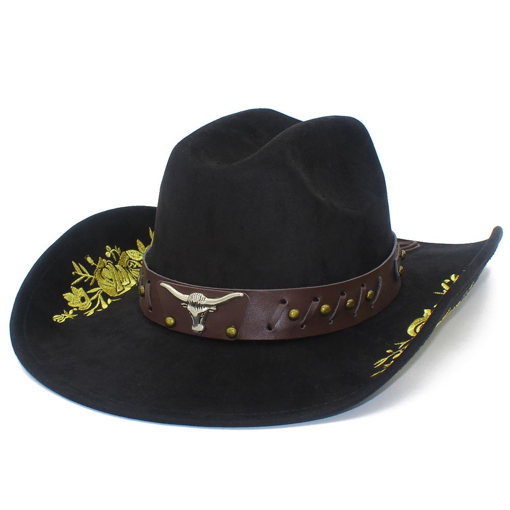 Fashion Embroidered Suede Western Cowboy Hat Big Brim Curved Brim Bull Head Accessories Jazz Hat Men and Women Couple Knight Hat
