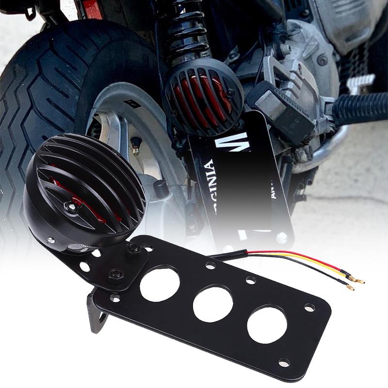 Universal Motorcycle LED Tail Brake Light Side Mount License Plate Bracket Vintage Round Grille Rear Stop Lamp for Harley Sportster Bobber