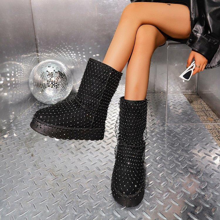 Women's Diamond Gauze Mesh Thick Sole Winter Warm Fur One Snow Boots Padded Lined Ankle Boots Non-Slip Hiking Casual Sports Cotton Boots