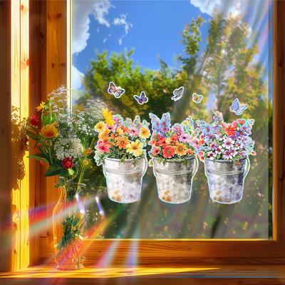 Creative Iron Bucket Flower Butterfly Home Beautification and Decoration Glass Static Window Stickers