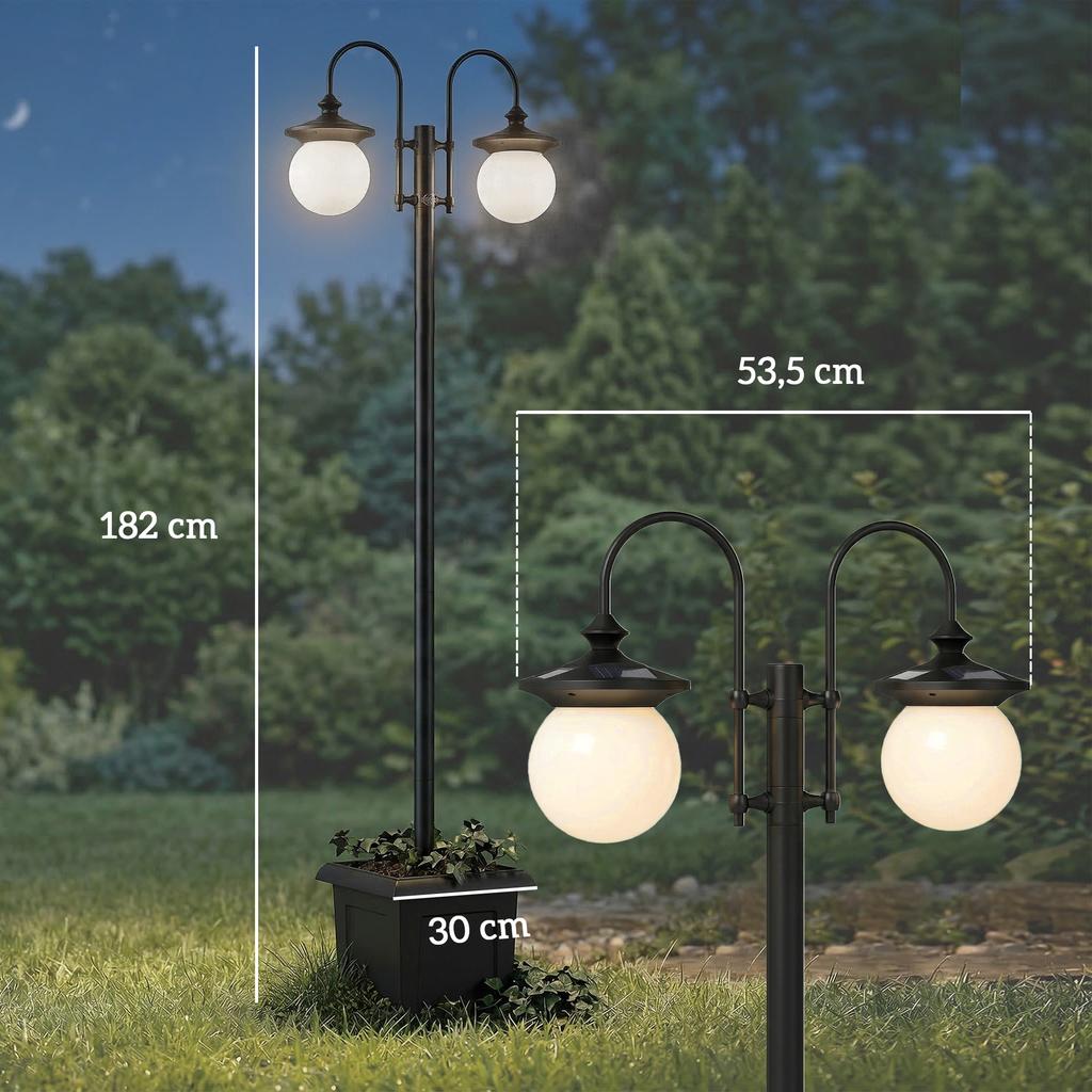 Solar Lantern Floor Lamp 182 Cm Height-Adjustable Outdoor Garden Lantern with 2 Heads Planter Light Sensor Switch IP44