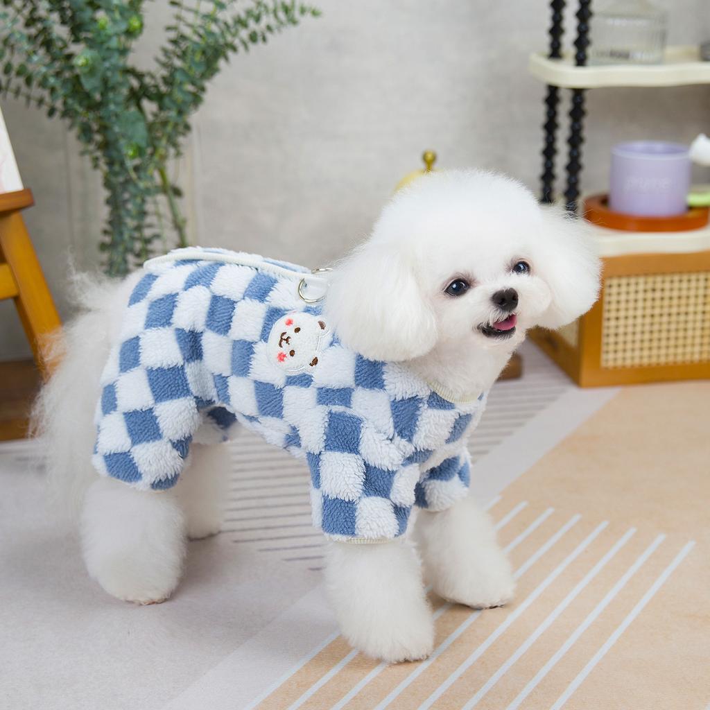 Checkerboard Dog And Cat Fall And Winter Four-Legged Coat Small Dog Warm Coat Lambswool College Style Pet Cold Weather Clothing
