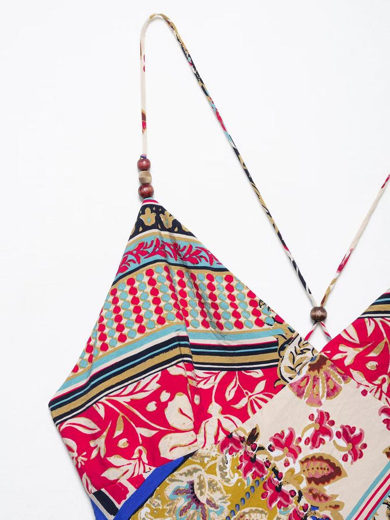 2025 Spring Women's Spaghetti Strap Print Midi Dress - European & American Style Fashion