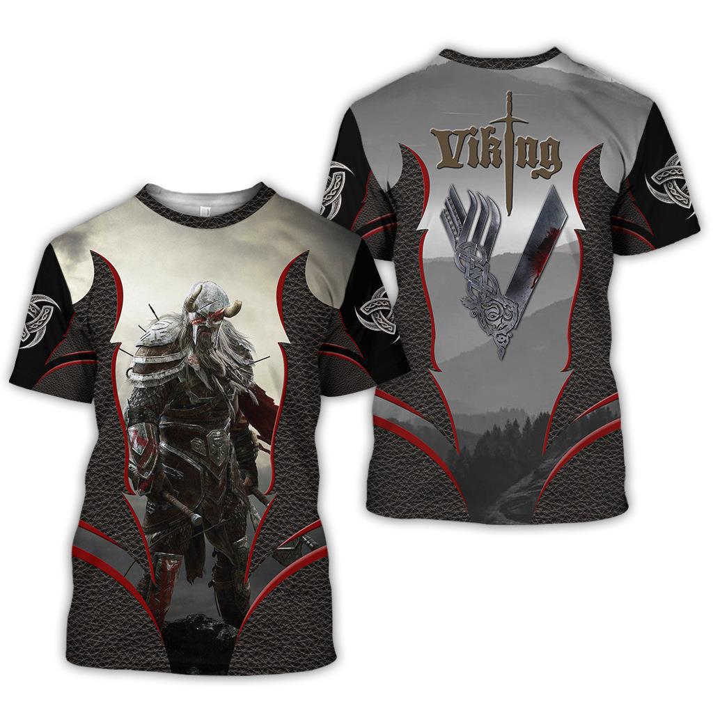 Summer Round Neck 3D Viking Tattoo Print Top Fashionable Casual Short Sleeved Men's T-shirts