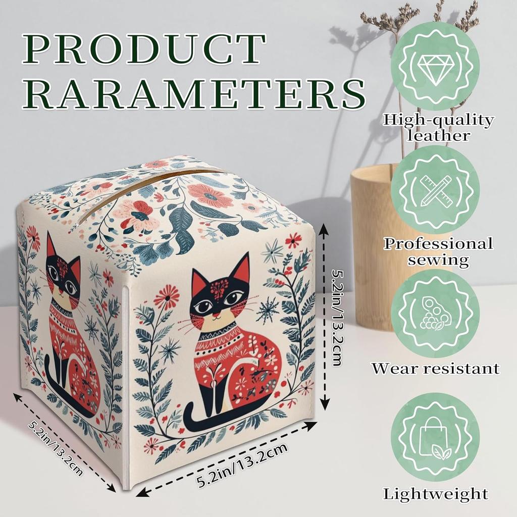 Cat Tissue Box Holder, Nordic Cat Leather Tissue Box Cover Square, Paper Napk Everyday Dispenser Accessories for Bathroom Vanity Countertop Night