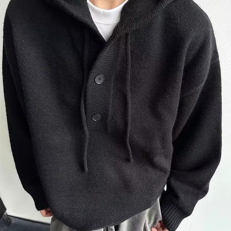 

Мужской осенне-зимний кросс-граничный вязаный свитер с капюшоном Cleanfit - Свободный, ленивый стиль, полузастежка-пуговицы M чёрный