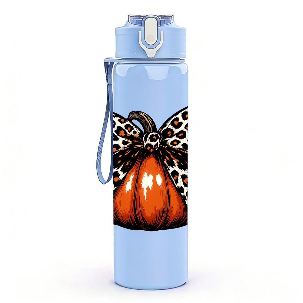 1PC Leopard Bow Pumpkin Fall Print 750ml Color Plastic Sports Water Bottle Leakproof Flip Straw Lid Suitable for Sports Office Home Use