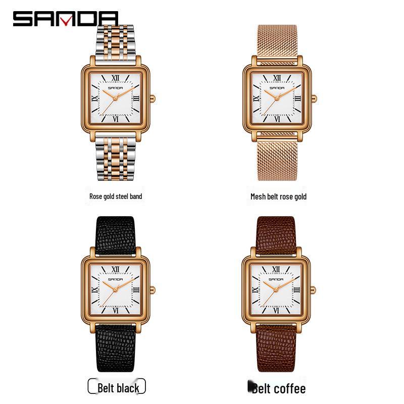 Sanda Women's Vintage Style Square Quartz Watch with Roman Numerals - Simple, Versatile, Waterproof Design