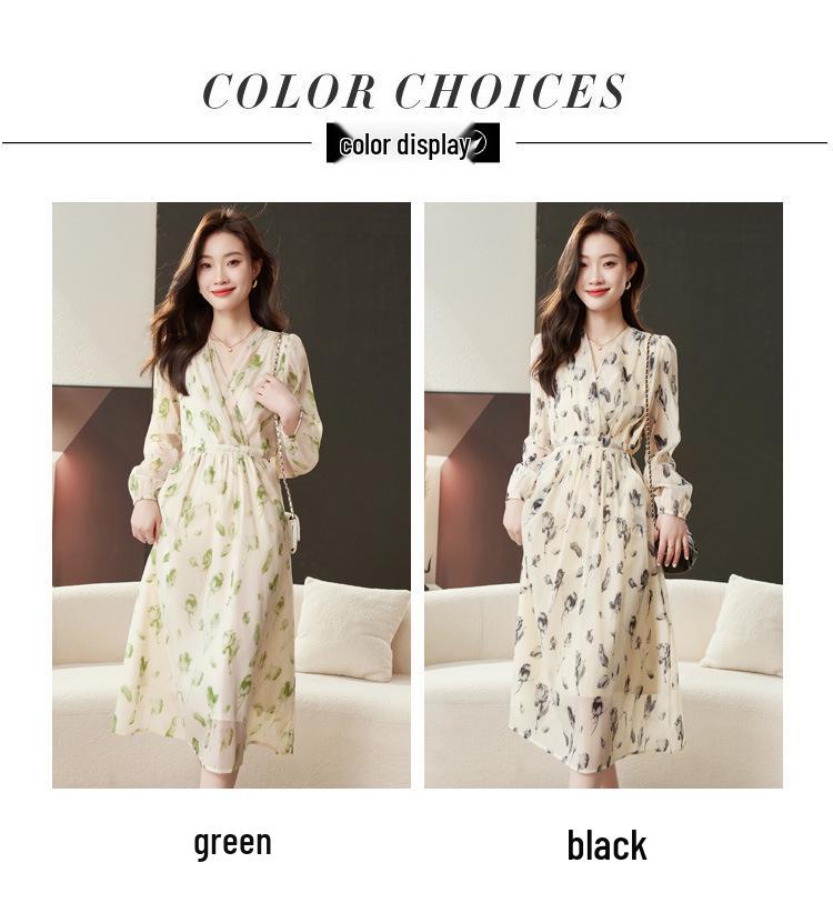 High-End Floral Print V-Neck Long Sleeve Summer Dress for Women