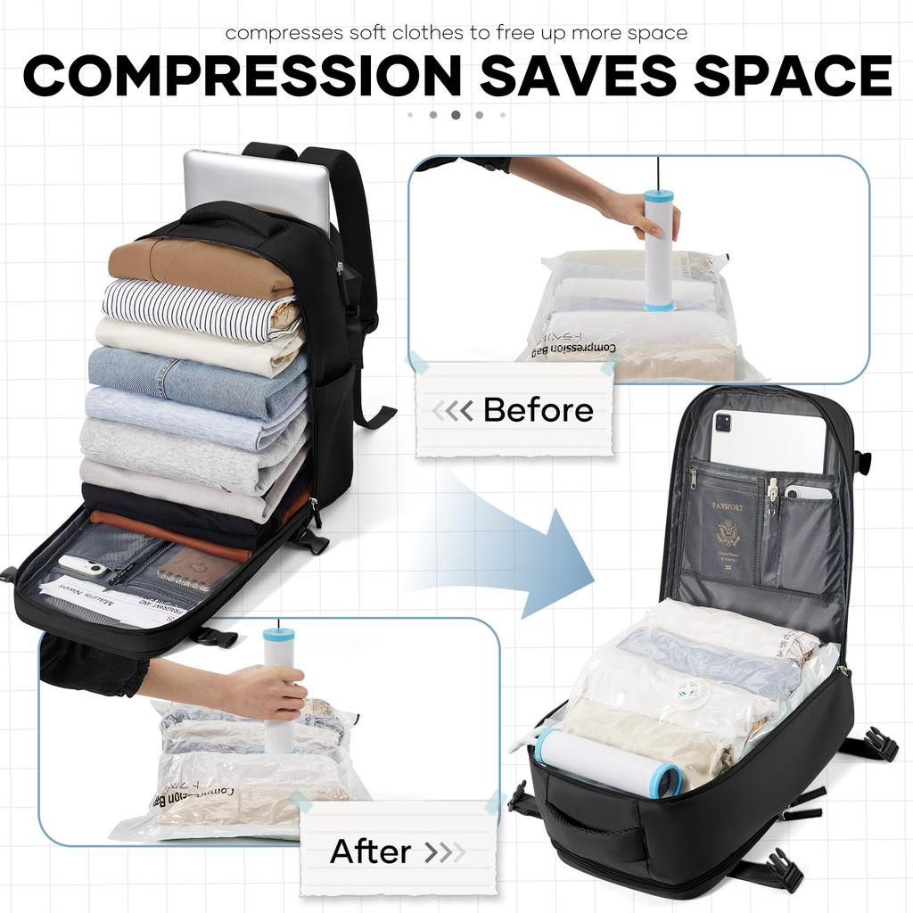 Ryanair 40x25x20 Reise-Rucksack Großes Fassungsvermögen Faltbare Wandertasche mit Vakuumbeuteln Manuelle Kompressionspumpe, Aufbewahrungsrucksack