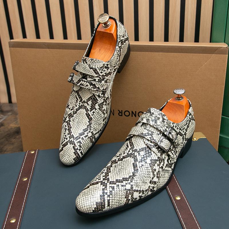 Men's Large Size Buckle Slip-on Snake Print Leather Shoes - Trendy Business and Casual Formal Shoes