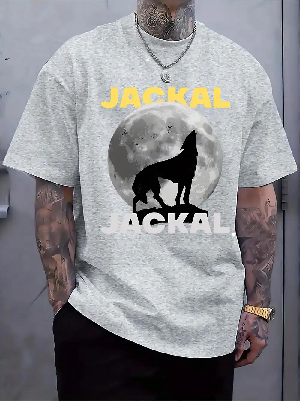 Casual Black T-shirt with Moon & Wolf Print -  JACKAL  Text Design XXXXL