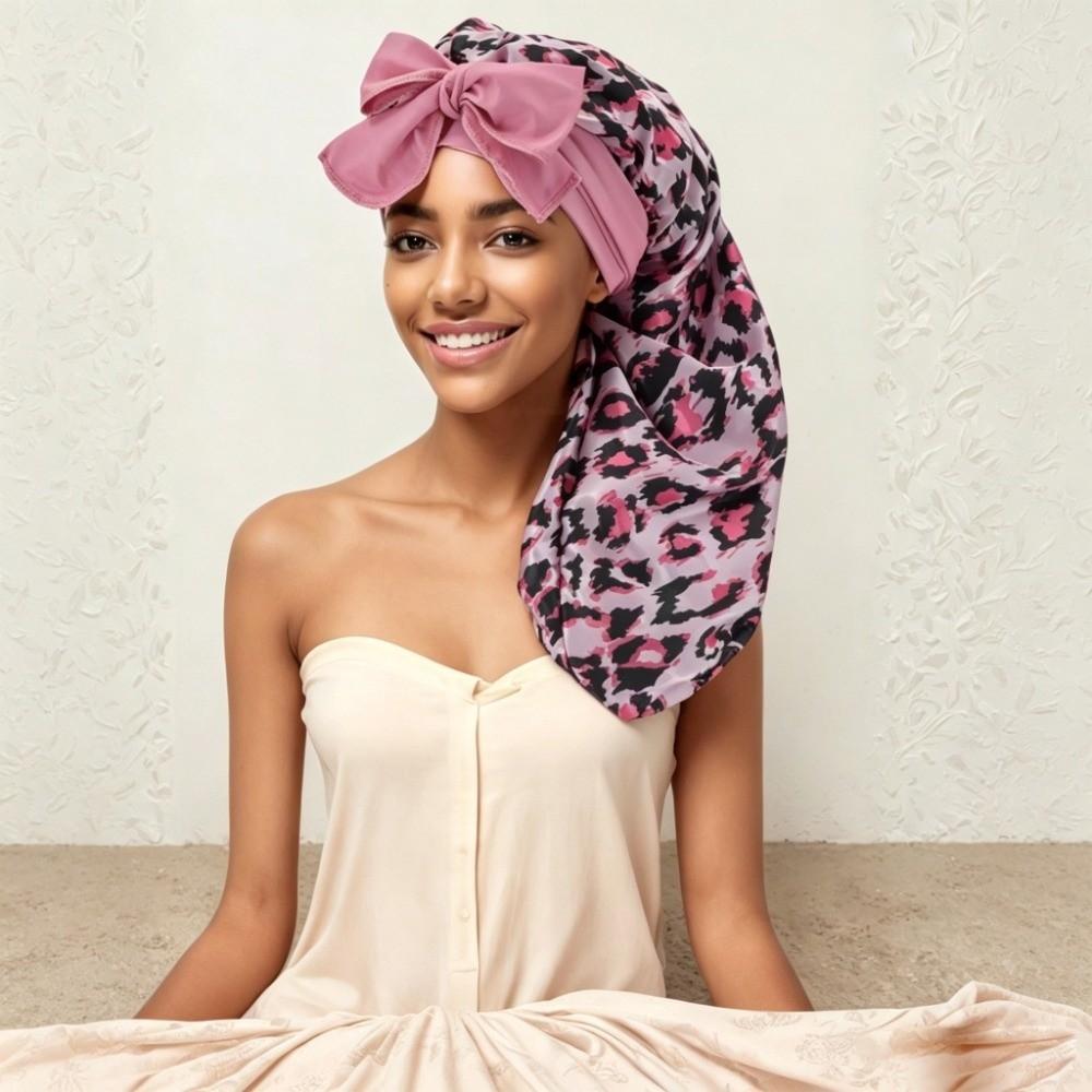 Leopard Print Silk Hair Bonnet Bowknot Design Hair Protector Bonnet Anti-UV Head Scarf  For Women